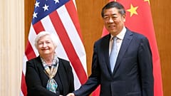 Treasury Secretary Janet Yellen, left, shakes hands with Chinese Vice Premier He Lifeng during a meeting at the Diaoyutai State Guesthouse in Beijing, China, July 8, 2023.