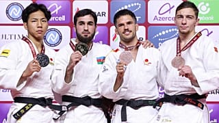 Pódio da categoria de -66kg no Grand Slam de Baku, Azerbaijão, sexta-feira, 22 de setembro de 2023.