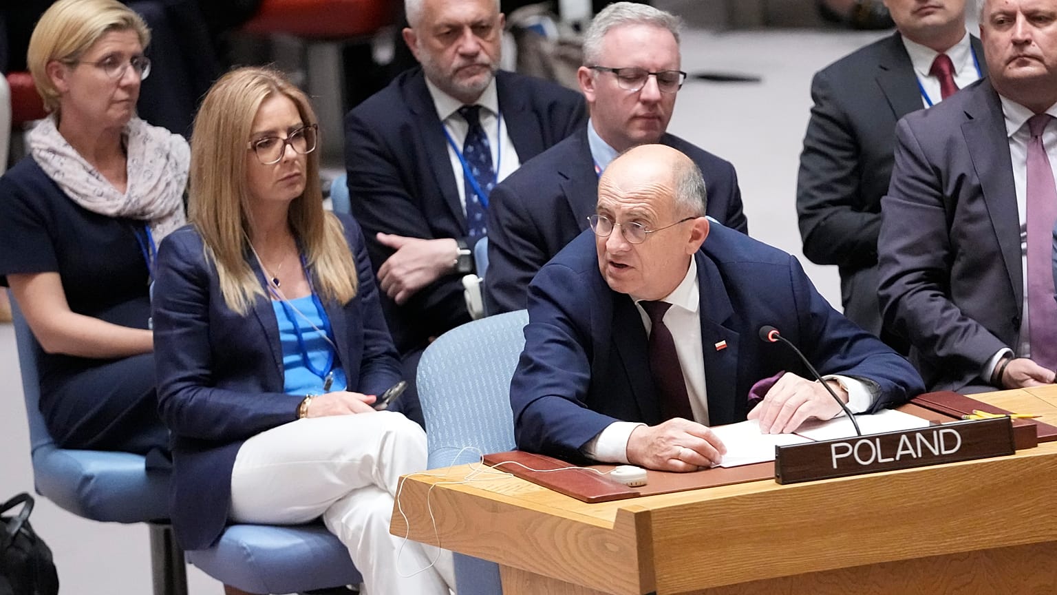 Il ministro degli Esteri polacco Zbignew Rau all'ONU. 