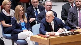 Il ministro degli Esteri polacco Zbignew Rau all'ONU. 