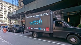 A mobile billboard in Manhattan with advocacy messages about tuberculosis.