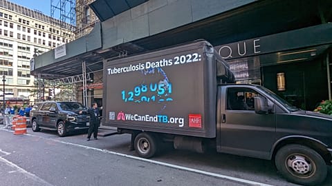 A mobile billboard in Manhattan with advocacy messages about tuberculosis