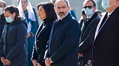 Armenia's Prime Minister Nikol Pashinian, centre, and his wife Anna Akobian, left of him, in 2020.