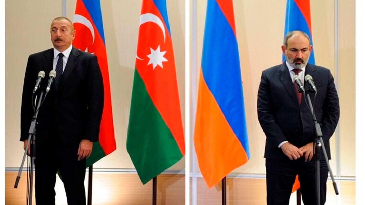 Presidente do Azerbaijão, Ilham Aliyev, à esquerda, e o primeiro-ministro da Arménia, Nikol Pashinyan, ni final de uma reunião em Sochi, na Rússia em 2021