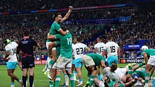 Ireland celebrate as they defeat South Africa during the Rugby World Cup