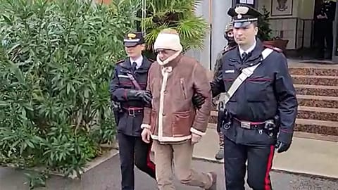 Video grab  taken and released by the Italian Carabinieri Press Office on January 16, 2023 shows the transfer of Italy's top wanted mafia boss, Matteo Messina Denaro