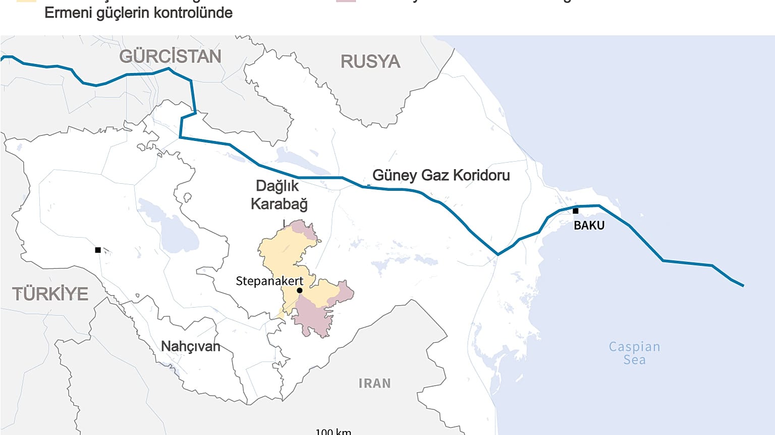 Azerbaycan ve Ermenistan topraklarını gösteren harita
