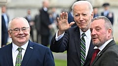 Sean O Fearghail with US president Joe Biden and Ireland's Speaker of the Seanad Eireann, Jerry Buttimer, at parliament in April