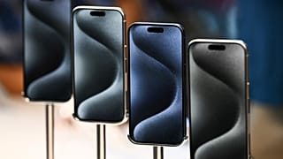 Apple iPhone 15 series devices are displayed for sale at The Grove Apple retail store on release day in Los Angeles, California, on September 22, 2023.