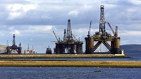 North sea oil exploration platforms lie in the Cromerty Firth in northern Scotland on March 2, 2003. 