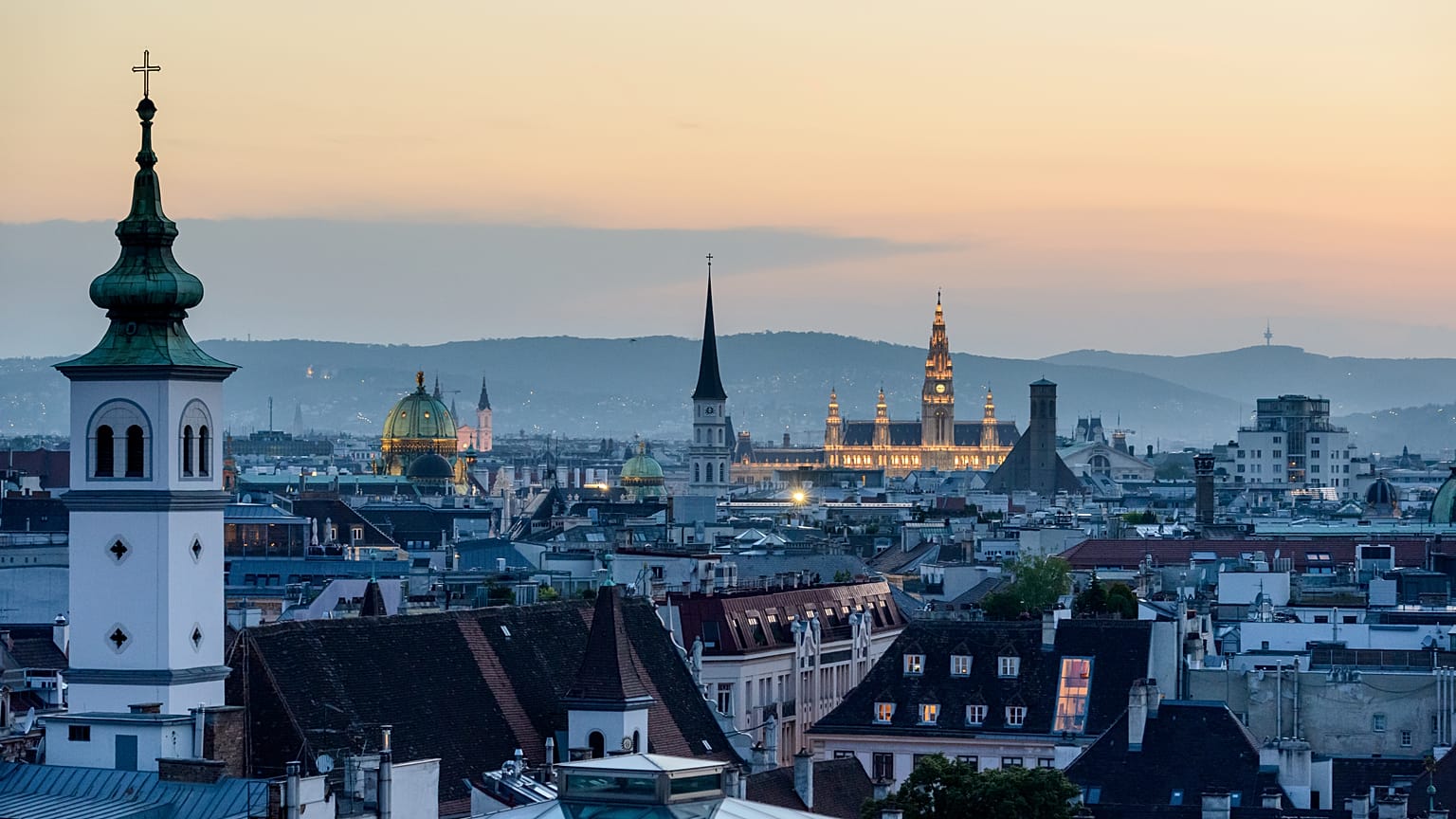 An aerial view of Vienna at sunset.