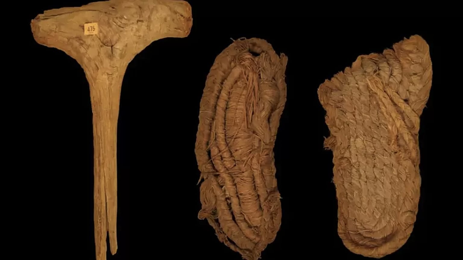 Two sandals and a mallet dating back several millennia.