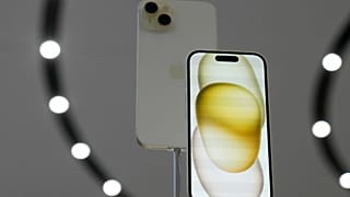 The iPhone 15 phones are shown during an announcement of new products on the Apple campus.
