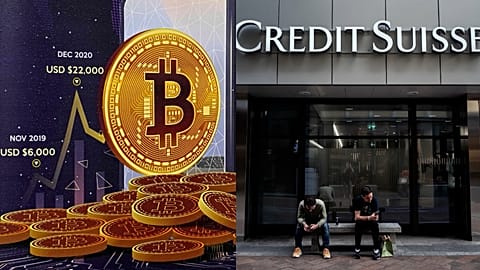 Two men sit under a sign of Credit Suisse displayed on a building in Lugano