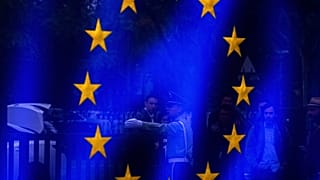 A European flag at the Delegation of the European Union to China in Beijing, Sept. 26, 2023.
