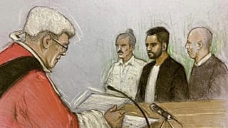 This court artist drawing by Elizabeth Cook shows Jaswant Singh Chail at the Old Bailey, London.