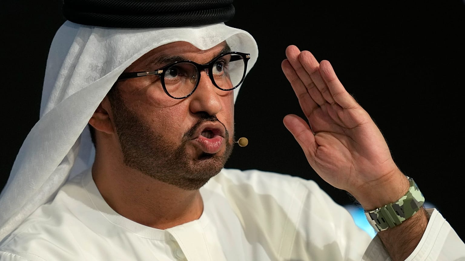 Sultan Al Jaber, COP28 President-Designate and UAE's Special Envoy for Climate Change, talks during the Climate Future Week at Museum of the Future in Dubai, United Arab Emira