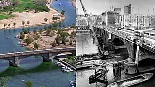 London Bridge seen in Lake Havasu City in 1994 (left) and being dismantled in London in 1968 (right).