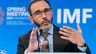 International Monetary Fund Director of the Research Department Pierre-Olivier Gourinchas speaks at a news conference during the World Bank/IMF Spring Meetings in Washington.