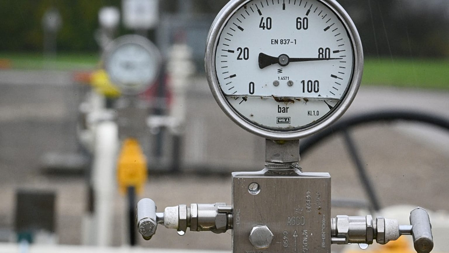 A picture taken on November 28, 2022, shows a pressure gauge on gas pipes at a GRTgaz compressor station, in Morelmaison, eastern France.