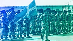 Swedish soldiers, part of the NATO-let International Security Assistant Force (ISAF), stand during a changing of command ceremony in Mazar Sharif, May 2008