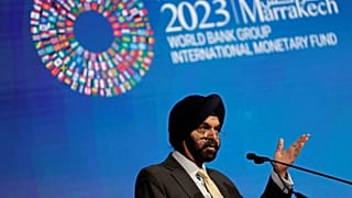 Weltbankpräsident Ajay Banga spricht am zweiten Tag der Jahrestagung des Internationalen Währungsfonds und der Weltbank in Marrakesch, Marokko, am 10\. Oktober 2023\.