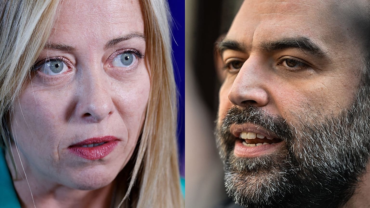 Italy's Prime Minister Giorgia Meloni (L) and writer Roberto Saviano (R). 