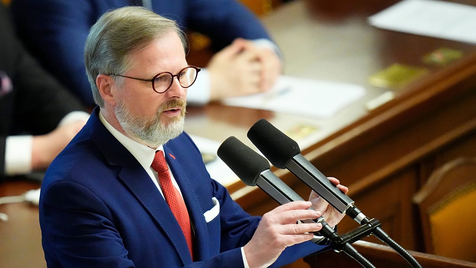 Czech Republic's Prime Minister Petr Fiala delivers a speech at the Parliament in Prague, Czech Republic, Wednesday, June 15, 2022.