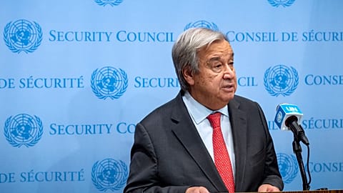 United Nations Secretary-General Antonio Guterres addresses the situation in Israel and Gaza during a news briefing at United Nations headquarters Friday, Oct. 13, 2023