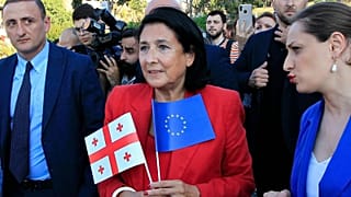 Georgian President Salome Zourabichvili, center, attends a public rally in support of Georgia's EU aspirations in Tbilisi, Georgia, on June 16, 2022.