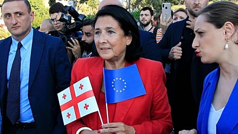 Georgian President Salome Zourabichvili, center, attends a public rally in support of Georgia's EU aspirations in Tbilisi, Georgia, on June 16, 2022.