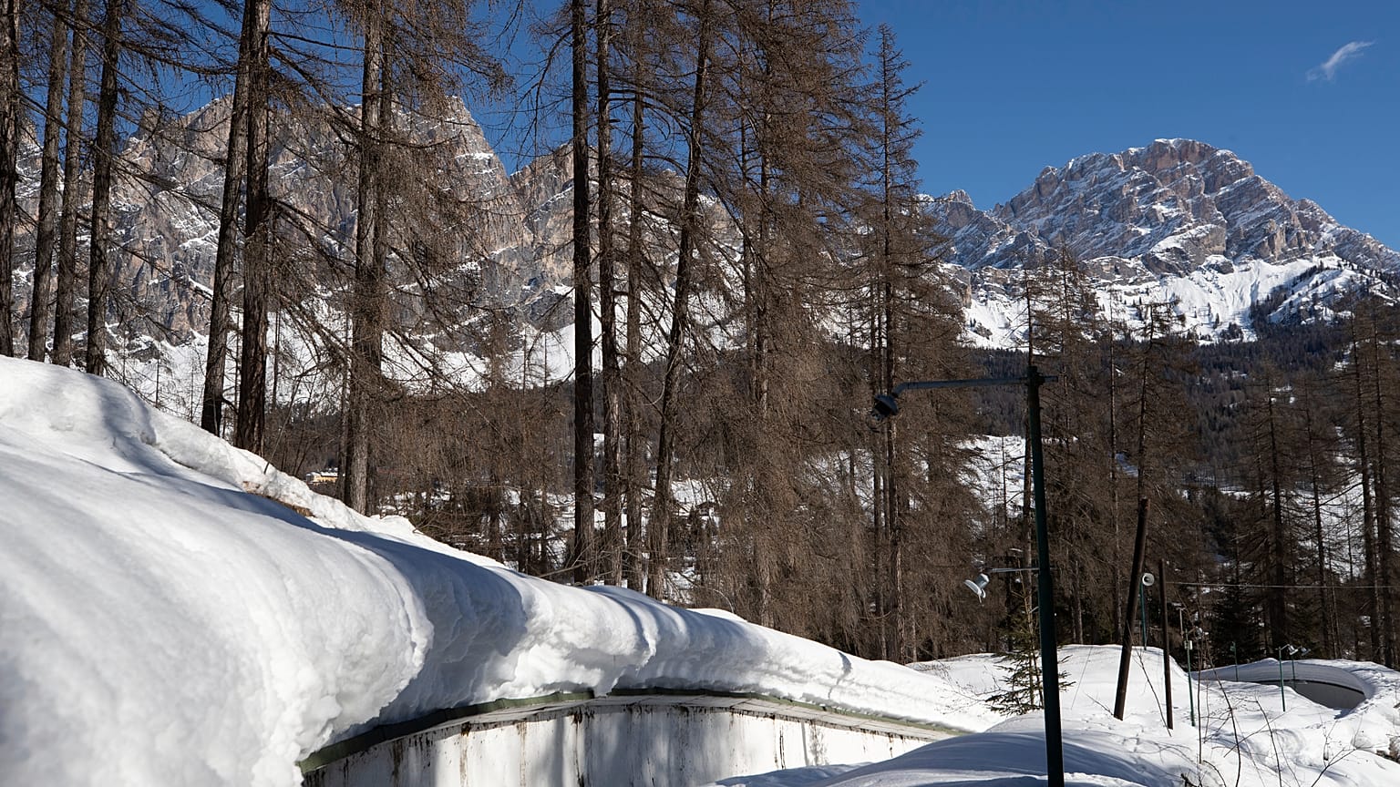 A view of the bobsled track in Cortina d'Ampezzo, Italy, Wednesday, Feb. 17, 2021.