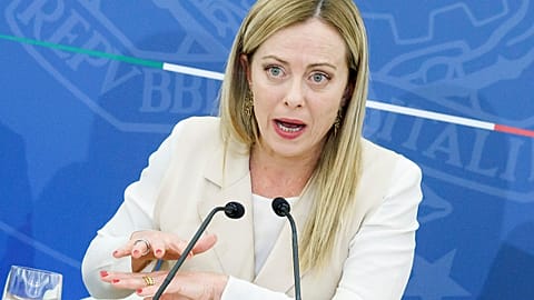 Italian PM Giorgia Meloni speaks during a press conference in Rome, Italy, Oct. 16, 2023.
