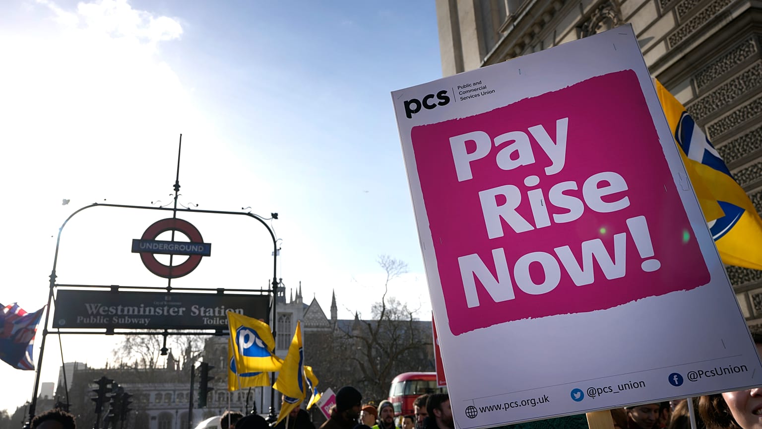 Civil servants protest for better pay in Westminster, London, 2023. 