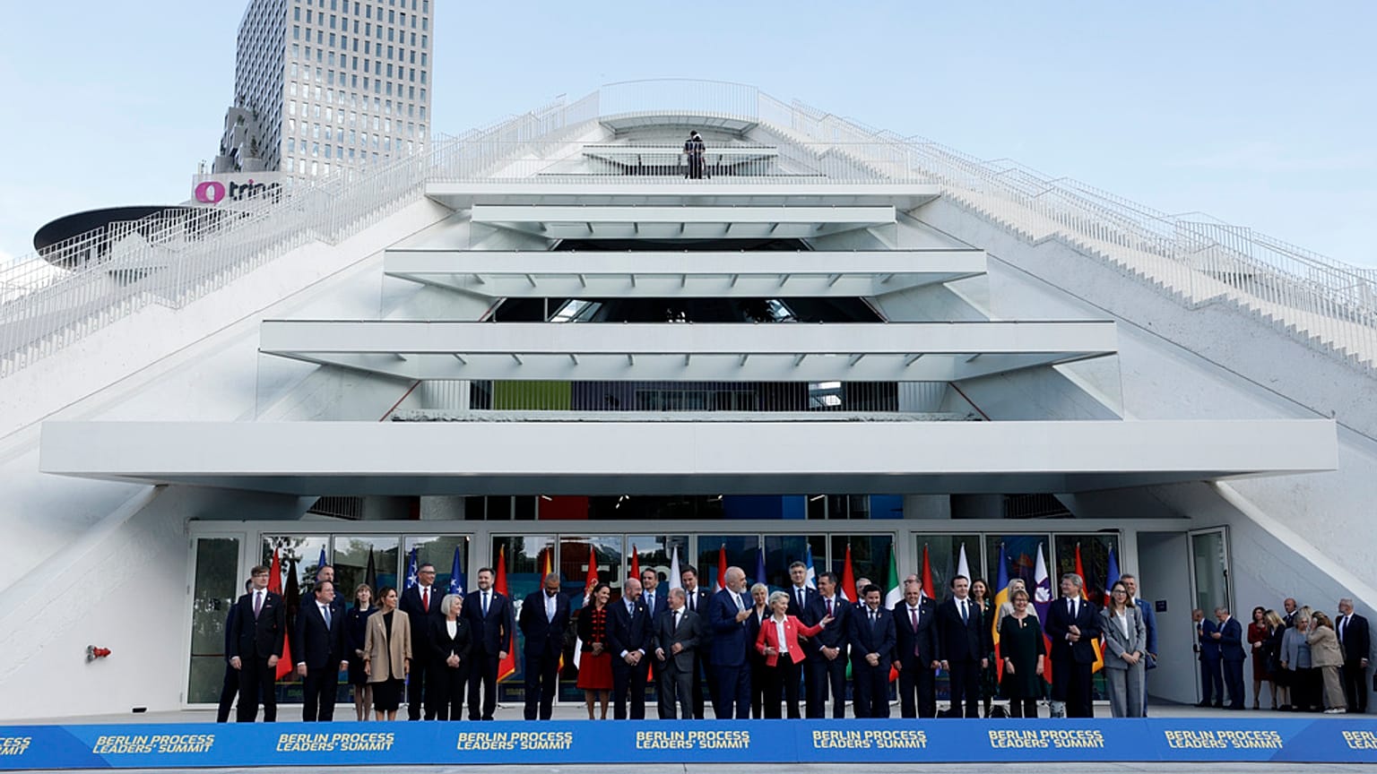 Leaders from EU and Western Balkans countries stand for a family photo in front of Pyramid Hall after Berlin Process Leaders' Summit in Tirana, Albania, Monday, Oct. 16, 2023.