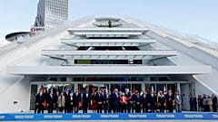 Leaders from EU and Western Balkans countries stand for a family photo in front of Pyramid Hall after Berlin Process Leaders' Summit in Tirana, Albania, Monday, Oct. 16, 2023.
