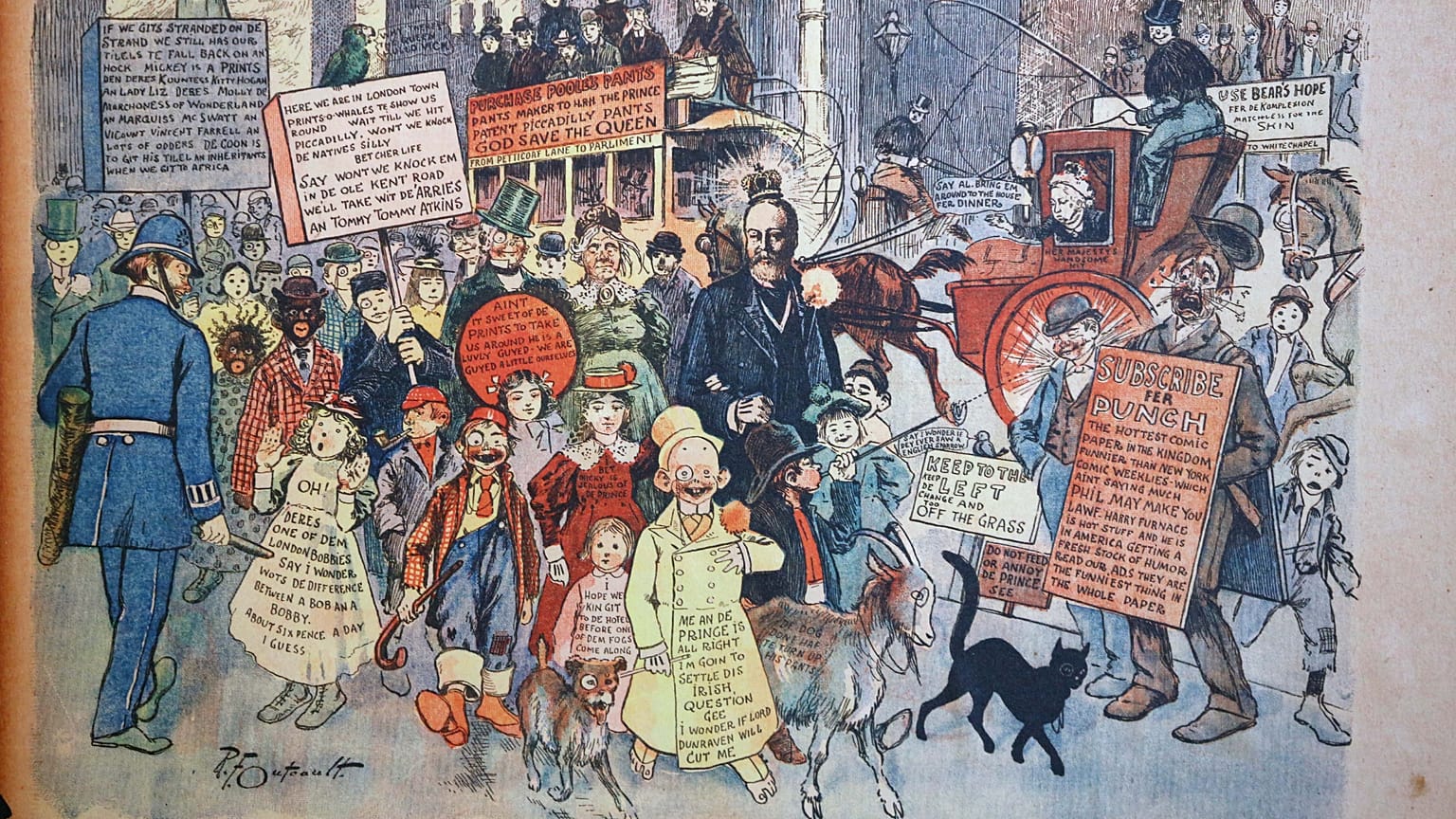 The "Yellow Kid" (seen here in the centre) by US comic artist Richard Outcault is considered to be the first newspaper comic strip.