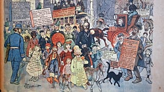 The "Yellow Kid" (seen here in the centre) by US comic artist Richard Outcault is considered to be the first newspaper comic strip.