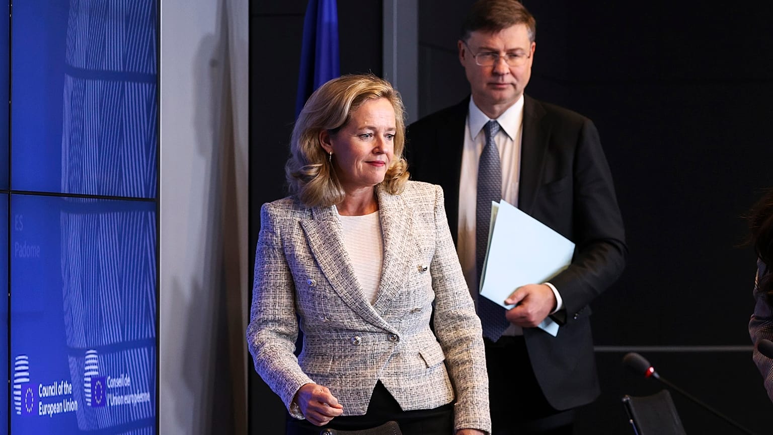 Nadia Calviño, Spain's acting minister for the economy, spoke to the press after the ECOFIN meeting on Tuesday.