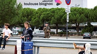 A French soldier patrols at the Toulouse-Blagnac Airport in Blagnac, southwestern France, on October 18, 2023
