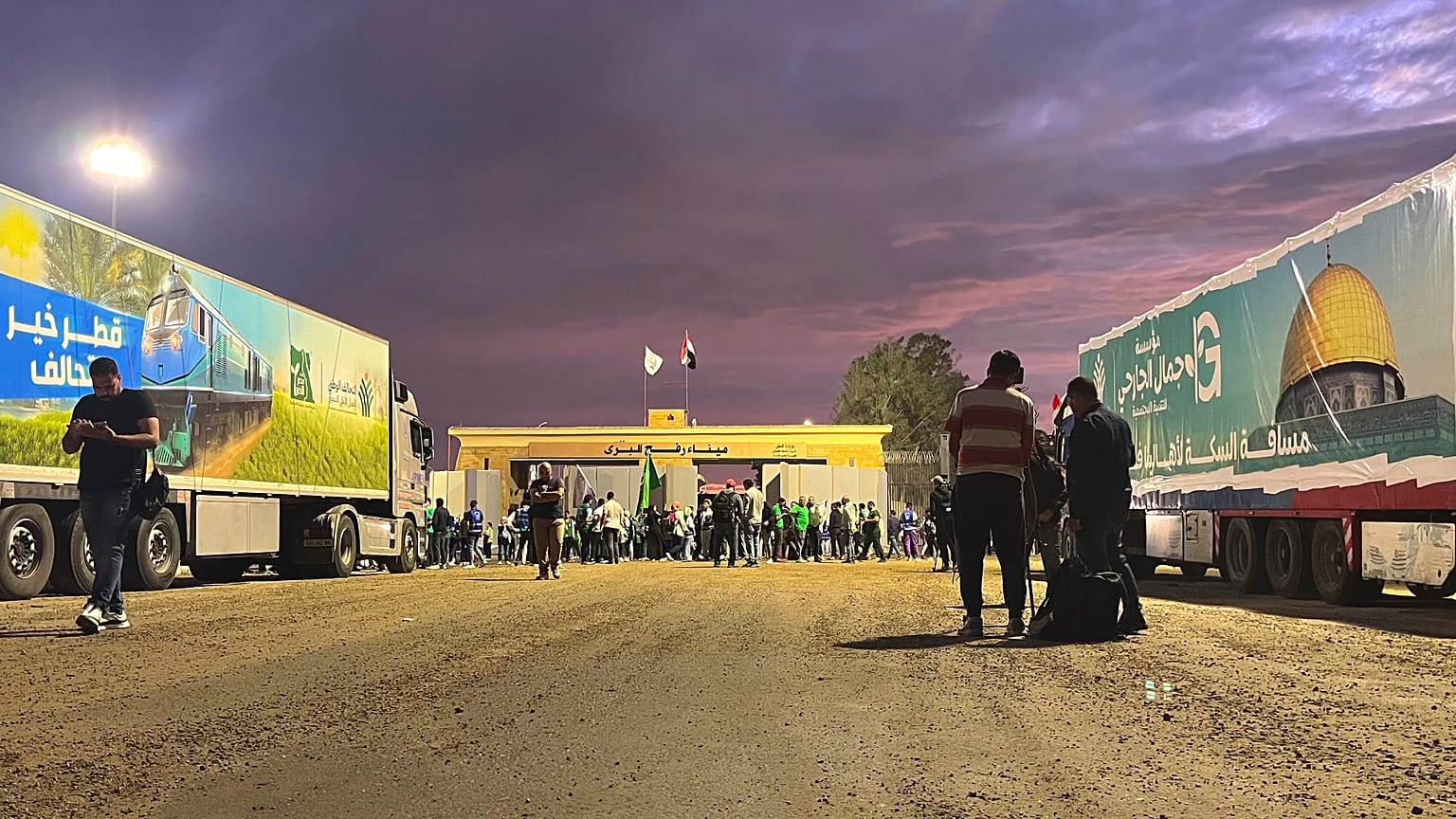 Humanitarian aid convoy for the Gaza Strip is parked at the Rafah crossing port, Egypt, Tuesday, Oct. 17, 2023. 
