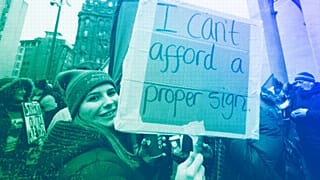A demonstration in support of strikers is seen in central Manchester, February 2023