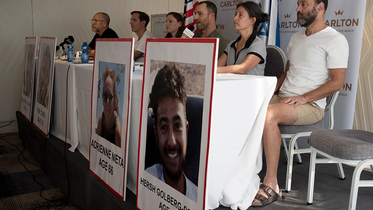 FILE - Relatives of U.S. citizens held hostage by Hamas militants attend a news conference on Oct. 10, 2023 in Tel Aviv, Israel