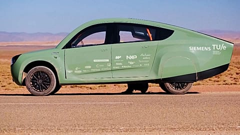 Image shows the 'Stella Terra', solar-powered vehicle designed by students at the Technical University of Eindhoven. 
