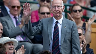 Bobby Charlton is introduced to the crowd on Centre Court during 2018's Wimbledon tournament