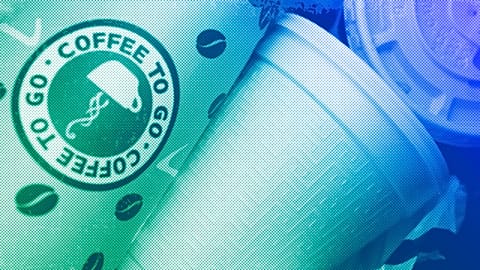 Single-use coffee cups discarded in a trash bin, February 2013