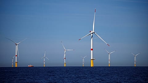 Wind turbines at the Saint-Nazaire offshore wind farm, off the coast of the Guerande peninsula in western France