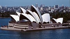 The Sydney Opera House is seen with Sydney Harbor in the background, in March 1986