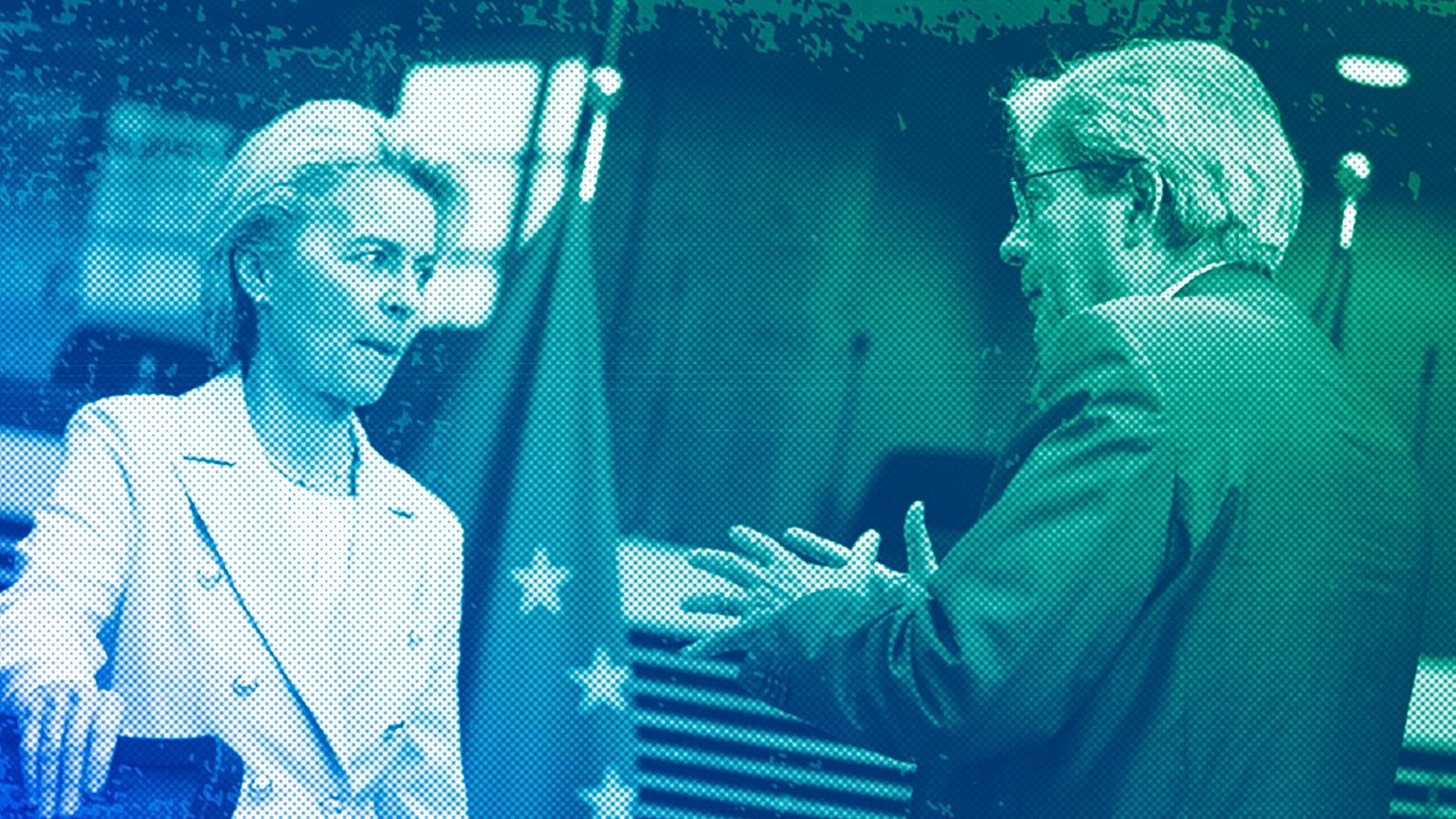 European Commission President Ursula von der Leyen speaks with European Commissioner for Economy Paolo Gentiloni in Brussels, July 2022