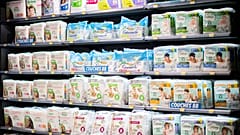 Diapers shown in a French pharmacy